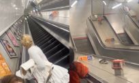 Amateur stuntman gaat pijnlijk onderuit op roltrap in Londense metro