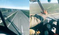 Helikopter scheert laag over snelweg in Oekraïne en dat ziet er heftiger uit dan het is