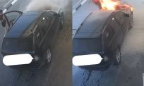 Vrouw rijdt met rokende auto tankstation op en denkt eerst aan video voor socials