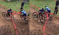 Mountainbikers zoeken route in complete modderchaos in Zuid-Korea
