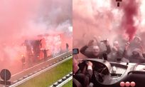 FC Twente-fans lopen snelweg op om spelersbus tegen te houden