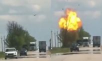 Drone mist maar net Russische truck op snelweg in bezet Oekraïne